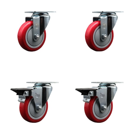 Service Caster 4'' Red Poly Wheel Swivel Top Plate Caster Set with 2 Posi Brakes, 4PK SCC-20S414-PPUB-RED-2-PLB-2